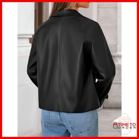 Faux Leather Oversized Moto Jacket Women's Button Coat Fall Winter - Picture 4 of 7